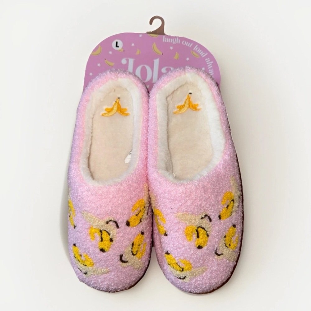 Lola Fuzzy Clog Pink White Banana Print Comfy Slippers Size L 8-9 Indoor Outdoor
